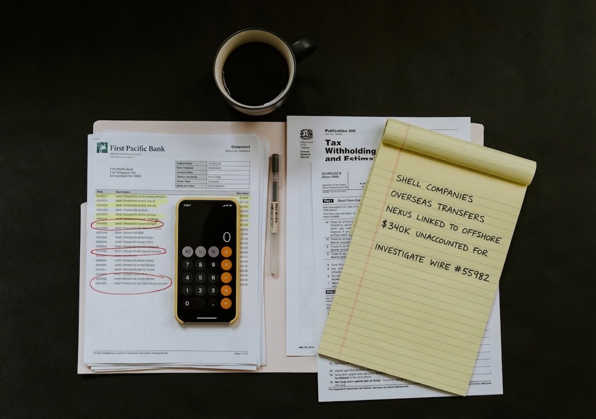 First Pacific Bank statement with shell company investigation notes and $340K circled